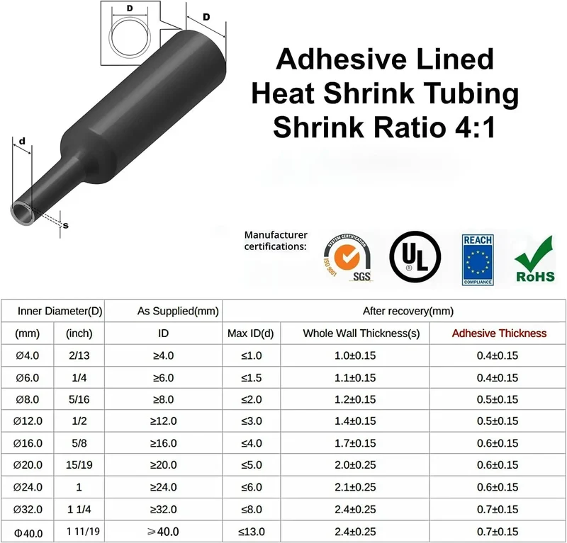 1M 4:1 4/6/8/12/16mm Heat Shrink Tubing Marine Grade Waterproof Adhesive Lined Black Polyolefin Sleeving Wrap Shrinking 4 to 1