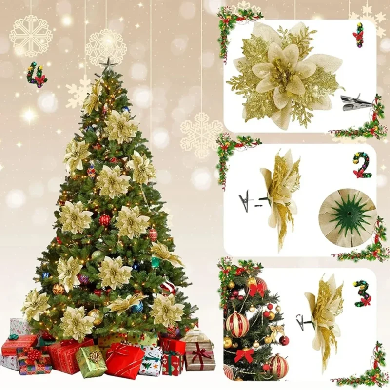 10/1Pc Christmas Glitter Artificial Flowers DIY Christmas Tree Hanging Ornaments Fake Flower For Xmas New Year Party Decor Gifts