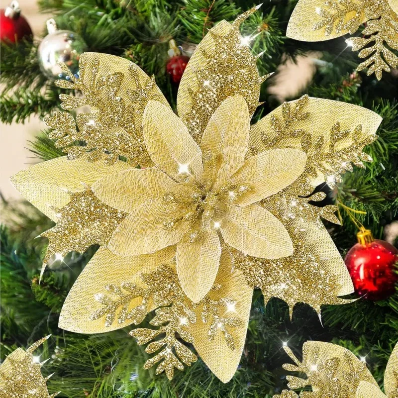 10/1Pc Christmas Glitter Artificial Flowers DIY Christmas Tree Hanging Ornaments Fake Flower For Xmas New Year Party Decor Gifts