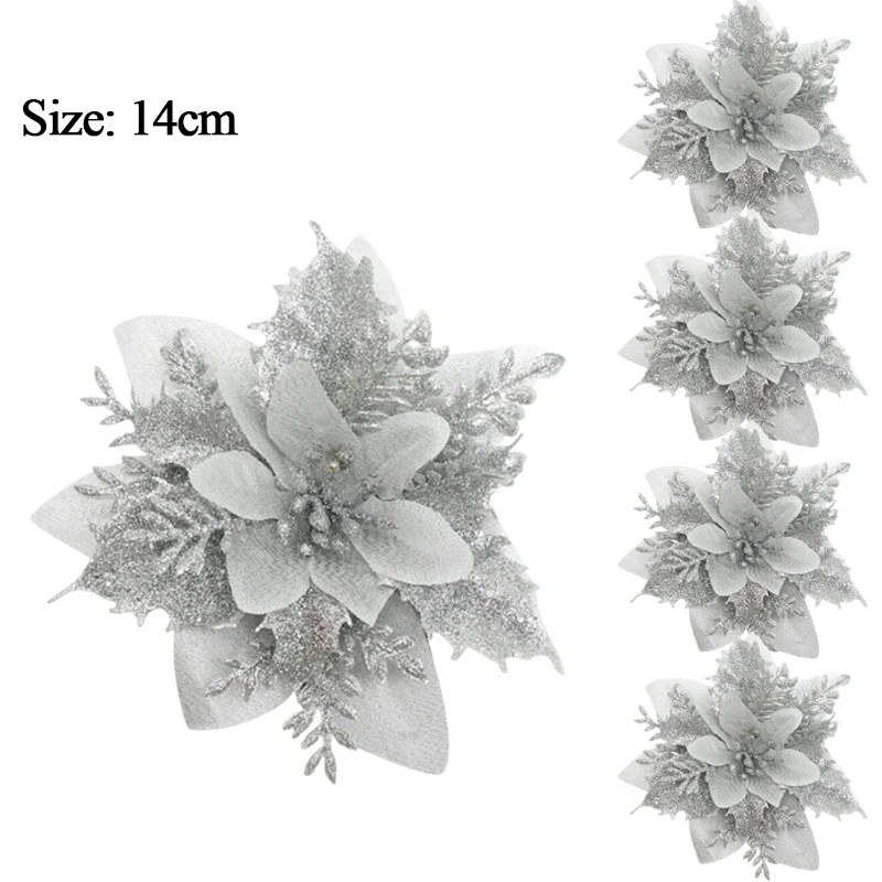 10/1Pc Christmas Glitter Artificial Flowers DIY Christmas Tree Hanging Ornaments Fake Flower For Xmas New Year Party Decor Gifts