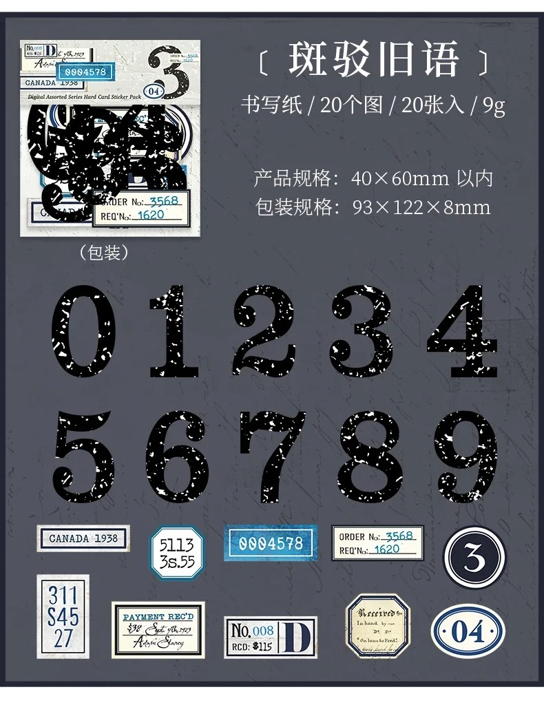 Journal GO 20pcs Creative Hard Card Vintage Numbers Stickers for Photo Frame Scrapbooking Journaling diy Retro Number Sticker