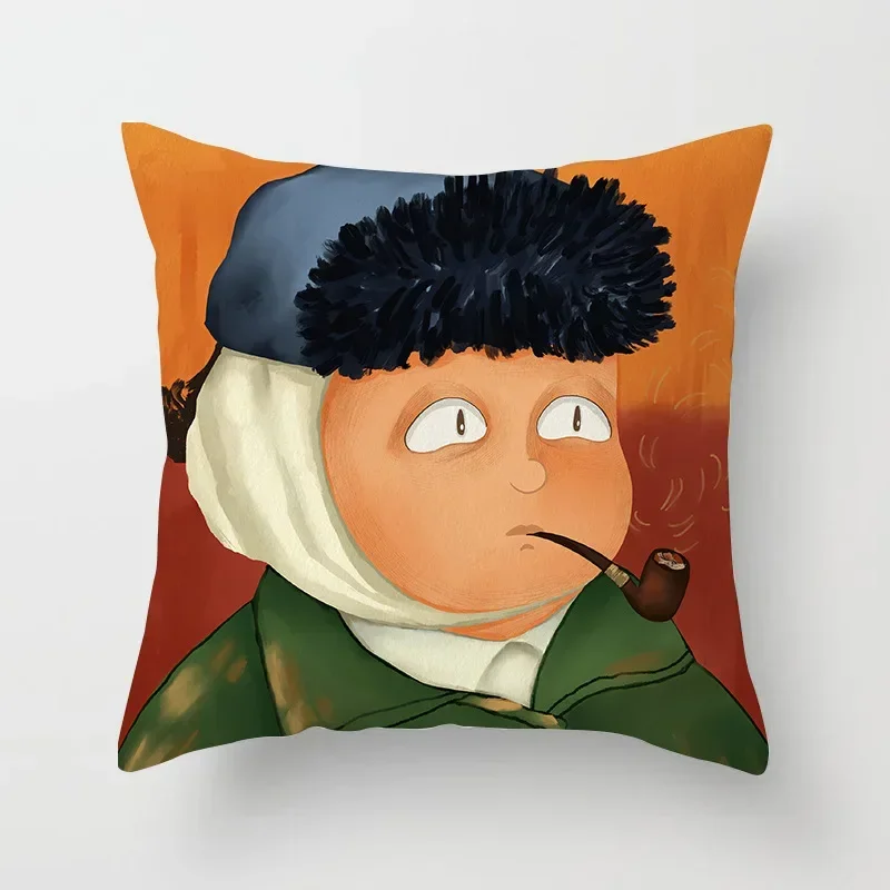 Creative Cartoon Oil Painting Mona Lisa Van Gogh Cushion Cover Portrait Painting Throw Pillow Case Cojines Decorativos Para Sofa