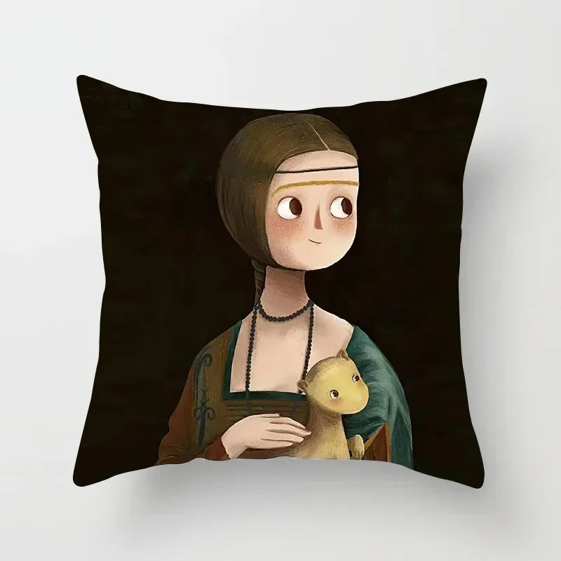 Creative Cartoon Oil Painting Mona Lisa Van Gogh Cushion Cover Portrait Painting Throw Pillow Case Cojines Decorativos Para Sofa