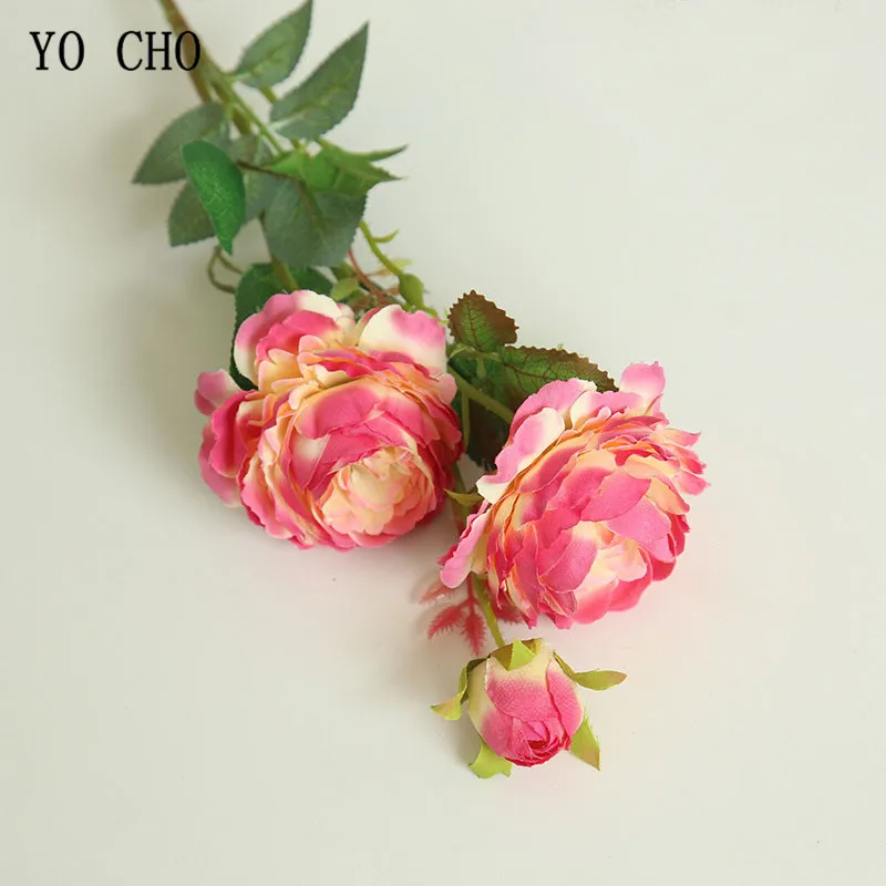 YO CHO Rose Artificial Flowers 3 Heads Pink White Peonies Silk Flower Wedding Garden Decoration Fake Flower Bouquet Peony Color