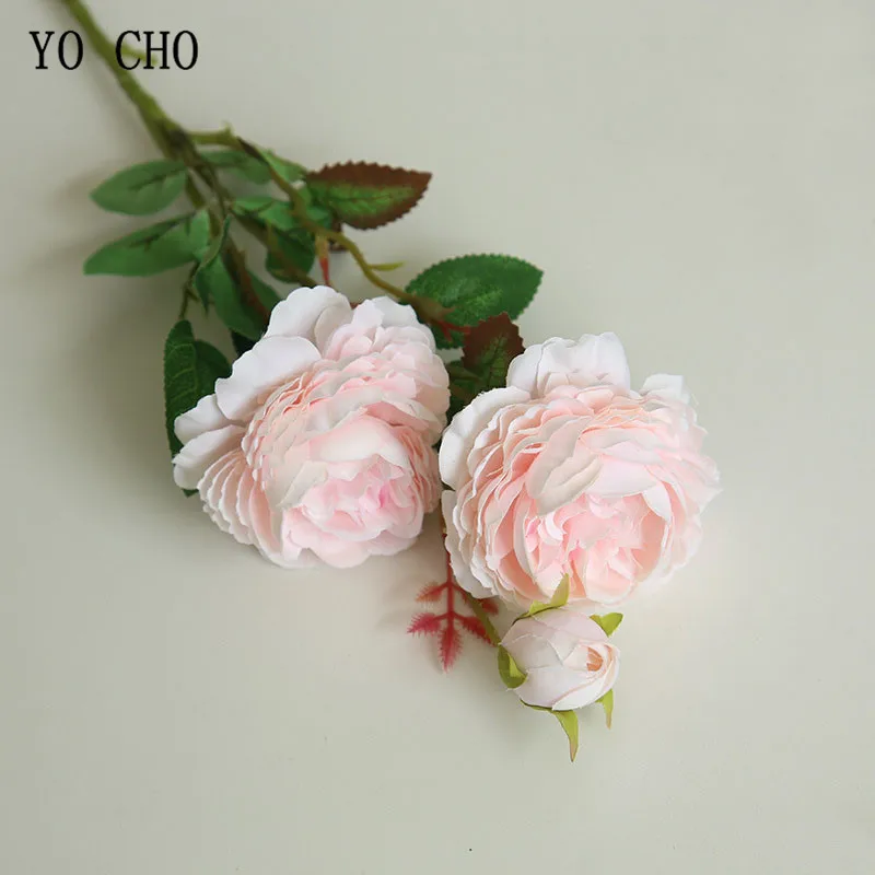 YO CHO Rose Artificial Flowers 3 Heads Pink White Peonies Silk Flower Wedding Garden Decoration Fake Flower Bouquet Peony Color