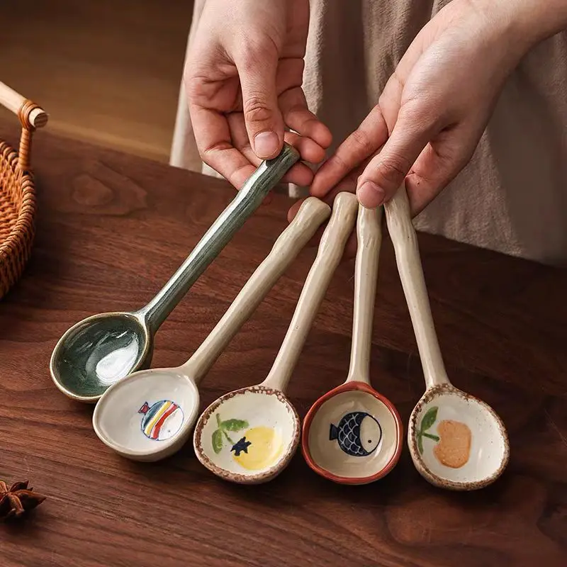 Cute Ceramic Flower Soup Spoon Kawaii Korean Ice Cream Hand Painted Dessert Spoon With Long Handle Kitchen Tableware Accessories