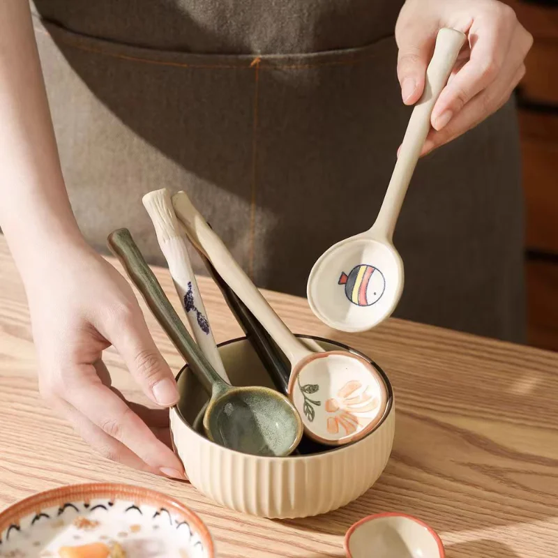 Cute Ceramic Flower Soup Spoon Kawaii Korean Ice Cream Hand Painted Dessert Spoon With Long Handle Kitchen Tableware Accessories