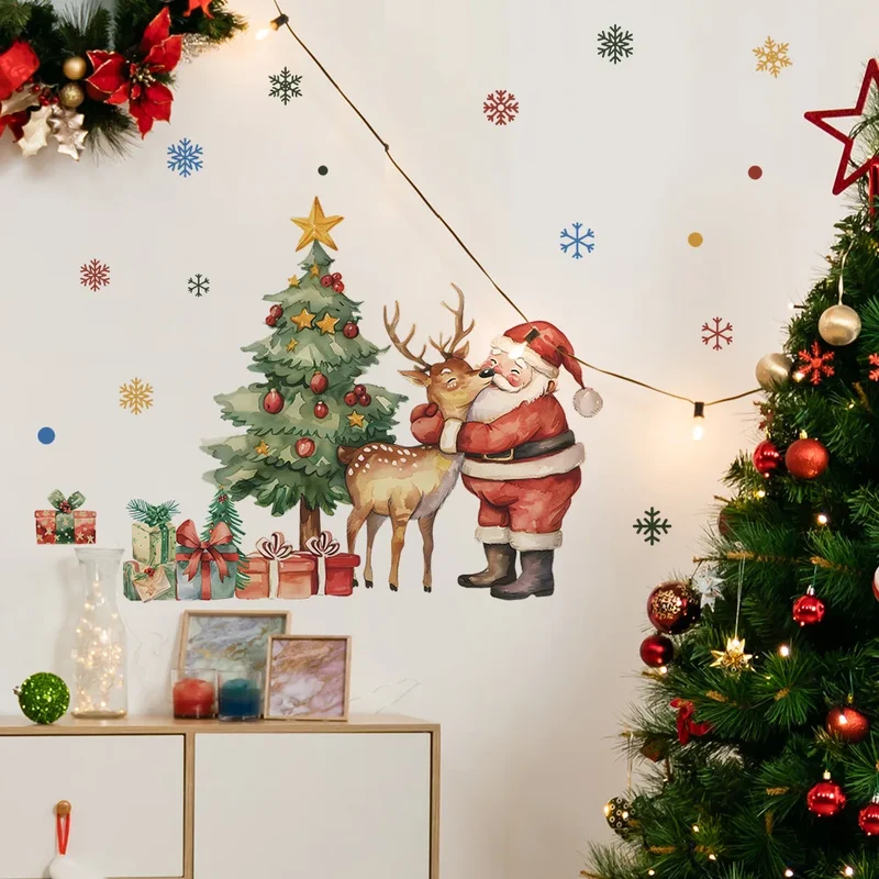 Cartoon Santa Claus Elk Wall Stickers Christmas Gifts Living Room Background Home Decoration Festival Mural New Year Wallpaper