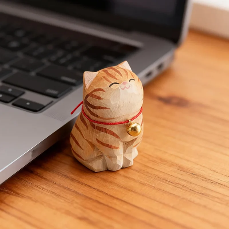 Cute Cat Animals Figurine Decorative Wooden Ornament Kitten Statue Calico Golden gradient cat Home Office Desk Car Decor Gift