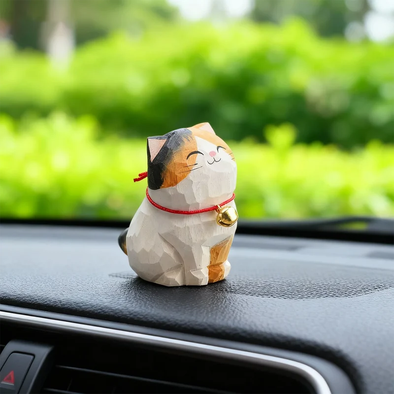 Cute Cat Animals Figurine Decorative Wooden Ornament Kitten Statue Calico Golden gradient cat Home Office Desk Car Decor Gift