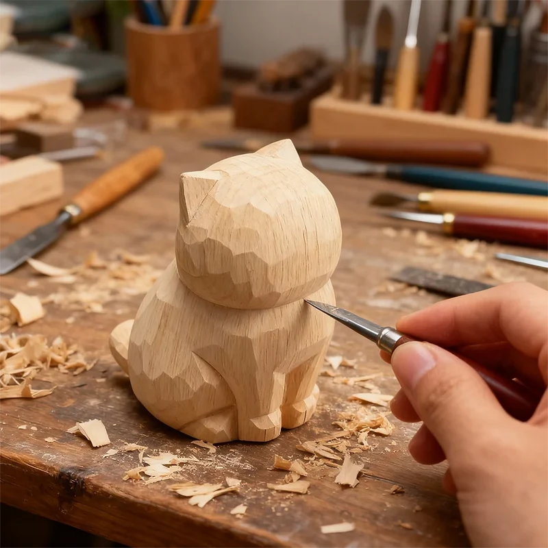 Cute Cat Animals Figurine Decorative Wooden Ornament Kitten Statue Calico Golden gradient cat Home Office Desk Car Decor Gift