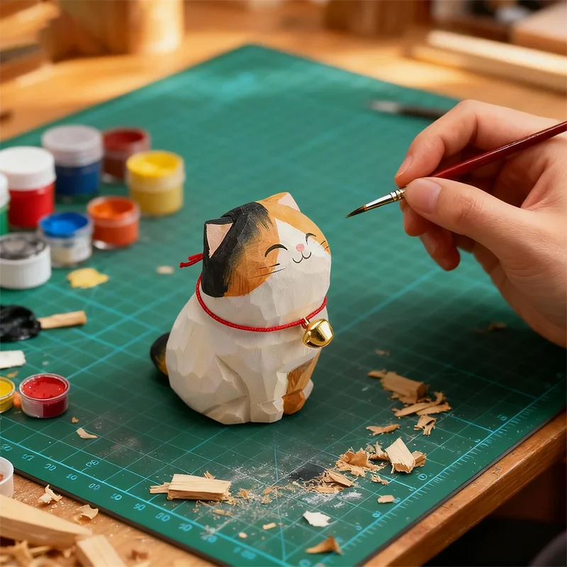 Cute Cat Animals Figurine Decorative Wooden Ornament Kitten Statue Calico Golden gradient cat Home Office Desk Car Decor Gift