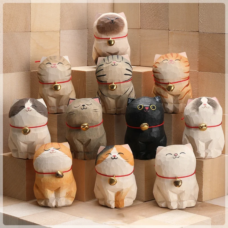 Cute Cat Animals Figurine Decorative Wooden Ornament Kitten Statue Calico Golden gradient cat Home Office Desk Car Decor Gift
