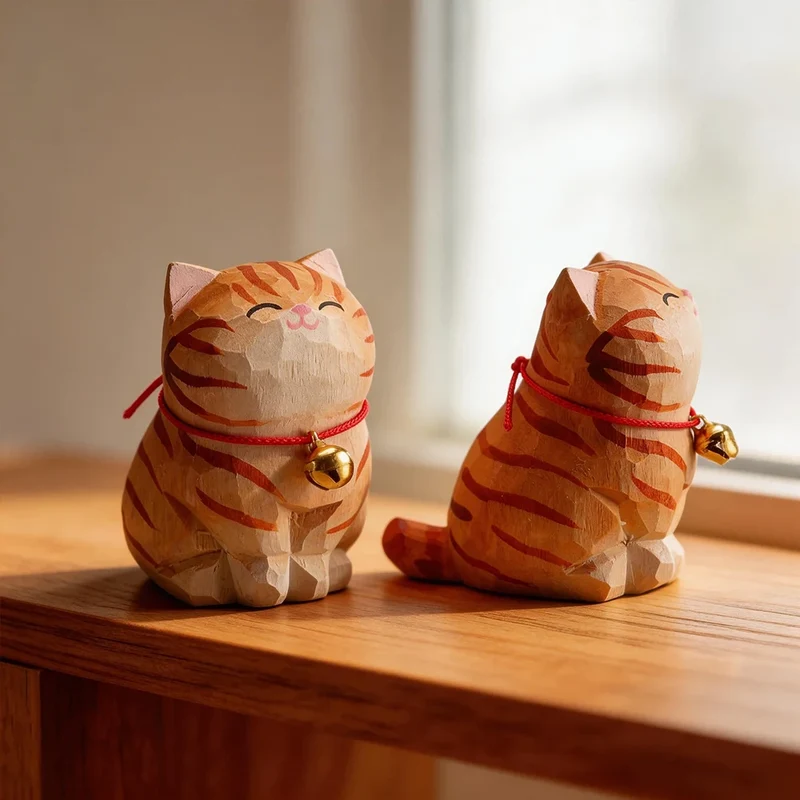 Cute Cat Animals Figurine Decorative Wooden Ornament Kitten Statue Calico Golden gradient cat Home Office Desk Car Decor Gift
