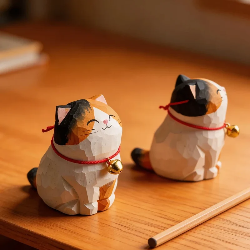 Cute Cat Animals Figurine Decorative Wooden Ornament Kitten Statue Calico Golden gradient cat Home Office Desk Car Decor Gift