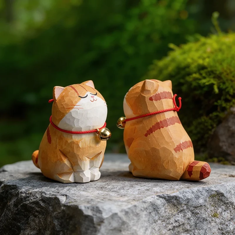 Cute Cat Animals Figurine Decorative Wooden Ornament Kitten Statue Calico Golden gradient cat Home Office Desk Car Decor Gift