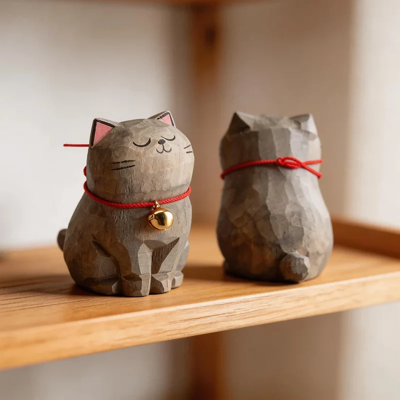 Cute Cat Animals Figurine Decorative Wooden Ornament Kitten Statue Calico Golden gradient cat Home Office Desk Car Decor Gift