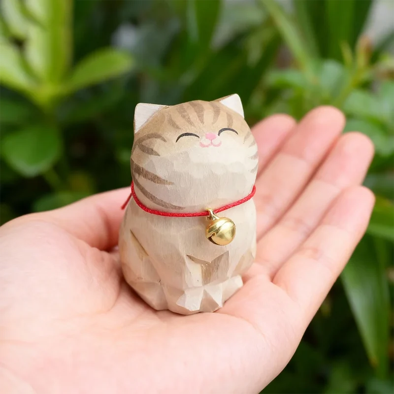 Cute Cat Animals Figurine Decorative Wooden Ornament Kitten Statue Calico Golden gradient cat Home Office Desk Car Decor Gift