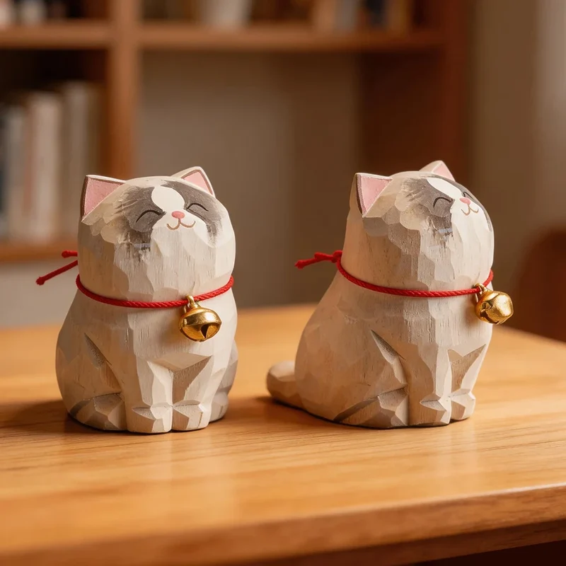 Cute Cat Animals Figurine Decorative Wooden Ornament Kitten Statue Calico Golden gradient cat Home Office Desk Car Decor Gift