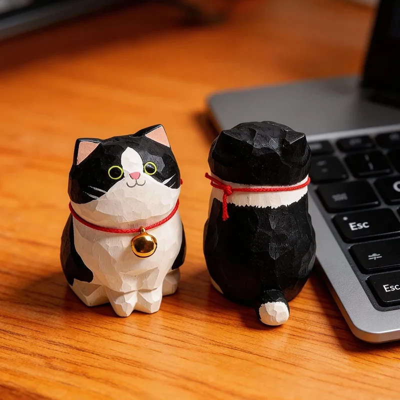 Cute Cat Animals Figurine Decorative Wooden Ornament Kitten Statue Calico Golden gradient cat Home Office Desk Car Decor Gift