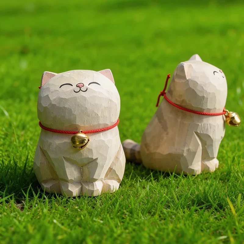 Cute Cat Animals Figurine Decorative Wooden Ornament Kitten Statue Calico Golden gradient cat Home Office Desk Car Decor Gift