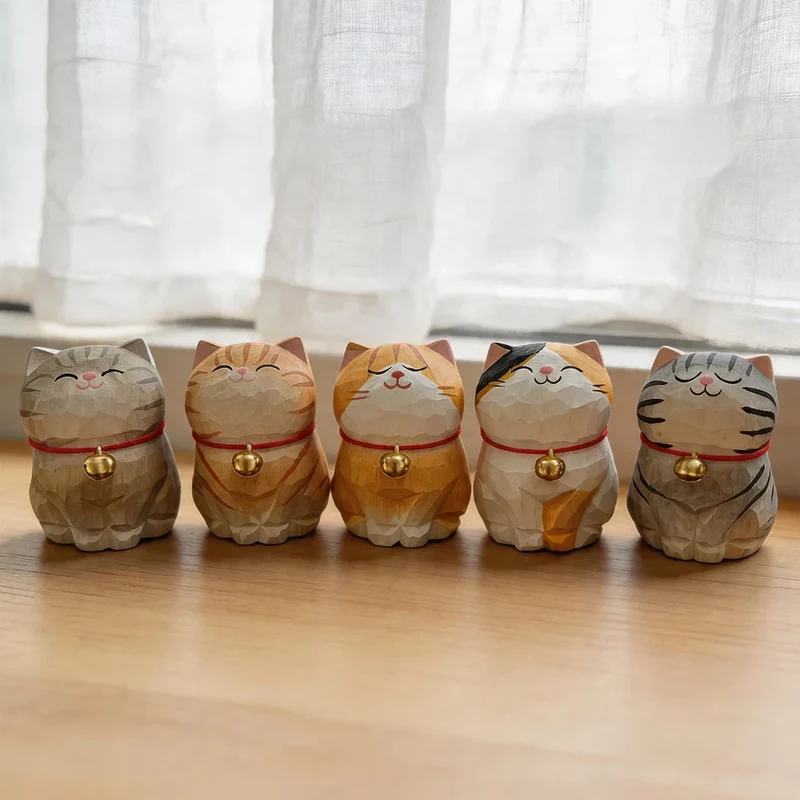 Cute Cat Animals Figurine Decorative Wooden Ornament Kitten Statue Calico Golden gradient cat Home Office Desk Car Decor Gift