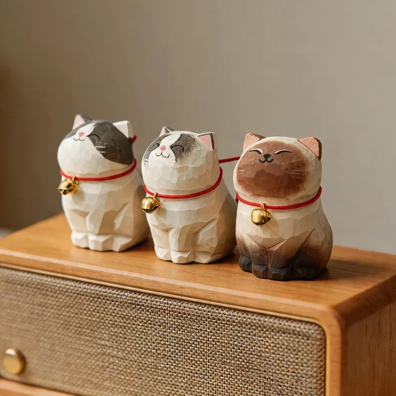 Cute Cat Animals Figurine Decorative Wooden Ornament Kitten Statue Calico Golden gradient cat Home Office Desk Car Decor Gift