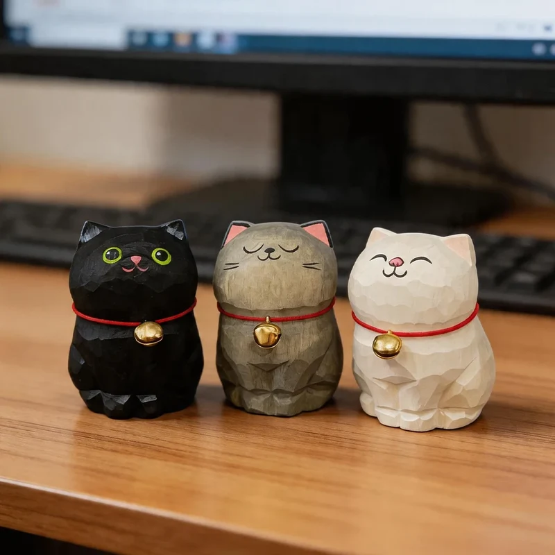 Cute Cat Animals Figurine Decorative Wooden Ornament Kitten Statue Calico Golden gradient cat Home Office Desk Car Decor Gift