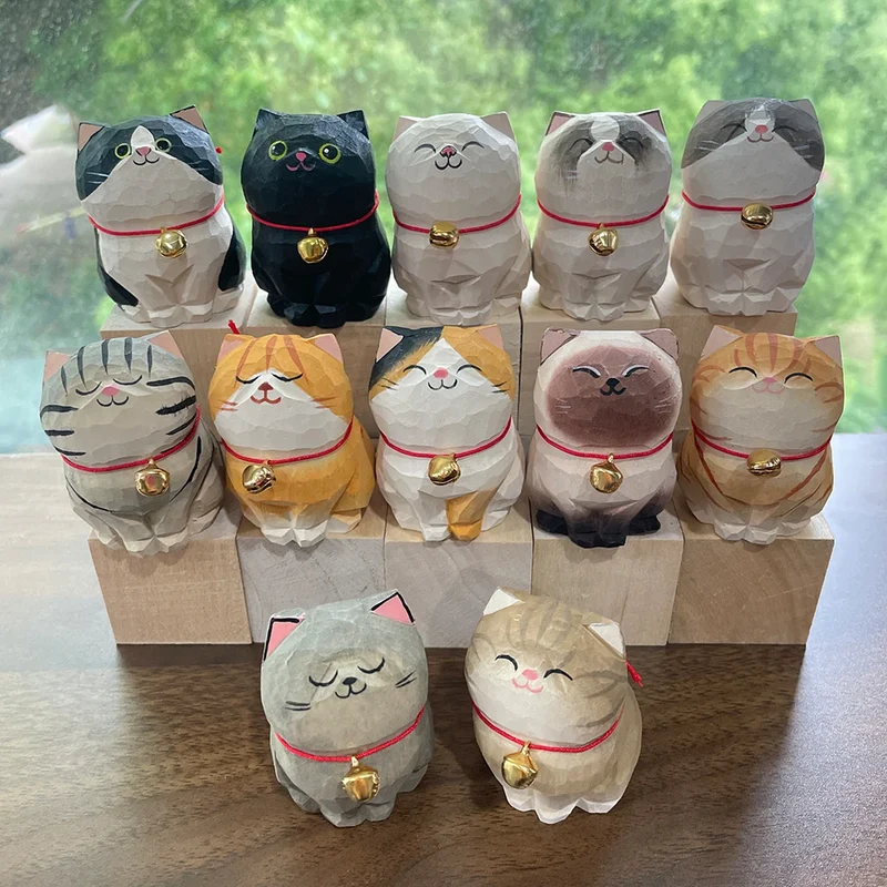 Cute Cat Animals Figurine Decorative Wooden Ornament Kitten Statue Calico Golden gradient cat Home Office Desk Car Decor Gift