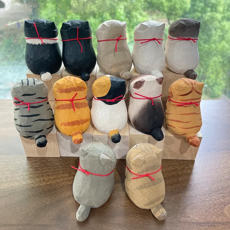 Cute Cat Animals Figurine Decorative Wooden Ornament Kitten Statue Calico Golden gradient cat Home Office Desk Car Decor Gift