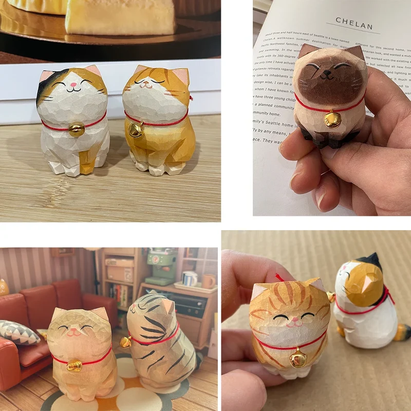 Cute Cat Animals Figurine Decorative Wooden Ornament Kitten Statue Calico Golden gradient cat Home Office Desk Car Decor Gift