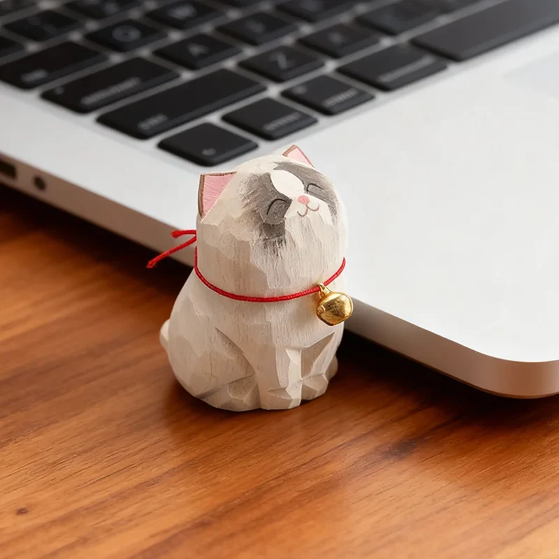 Cute Cat Animals Figurine Decorative Wooden Ornament Kitten Statue Calico Golden gradient cat Home Office Desk Car Decor Gift