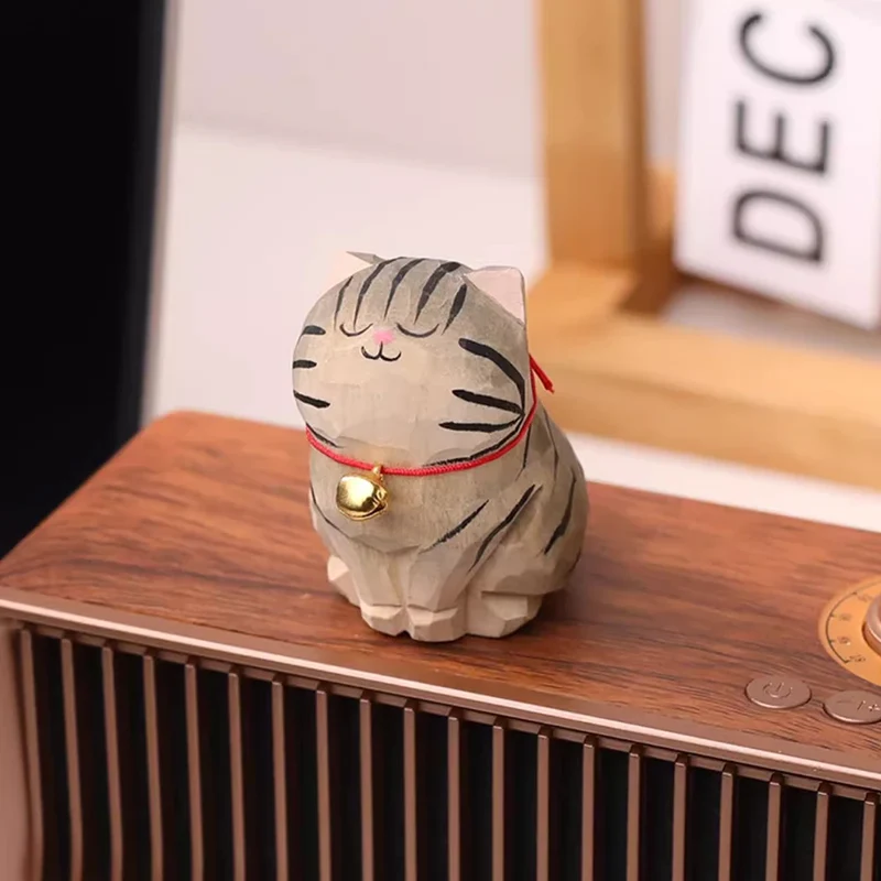 Cute Cat Animals Figurine Decorative Wooden Ornament Kitten Statue Calico Golden gradient cat Home Office Desk Car Decor Gift