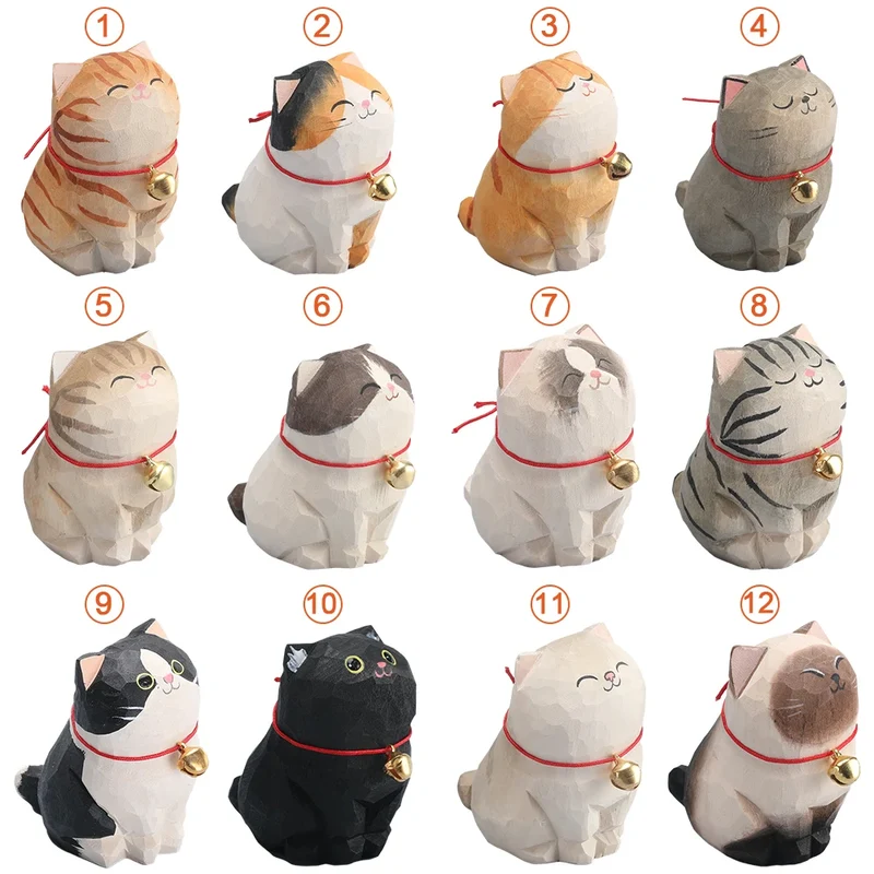 Cute Cat Animals Figurine Decorative Wooden Ornament Kitten Statue Calico Golden gradient cat Home Office Desk Car Decor Gift