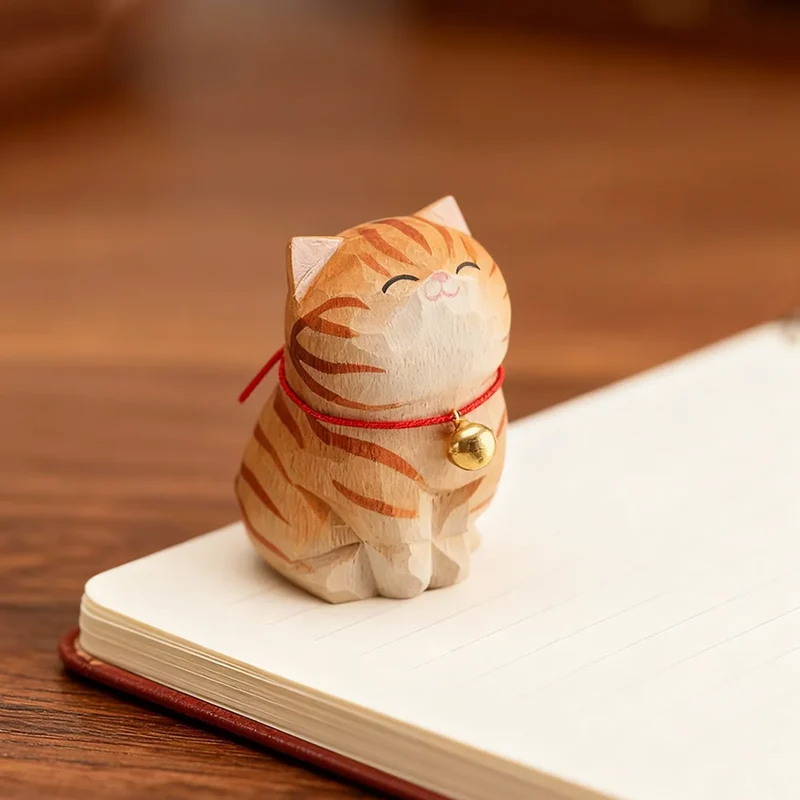 Cute Cat Animals Figurine Decorative Wooden Ornament Kitten Statue Calico Golden gradient cat Home Office Desk Car Decor Gift