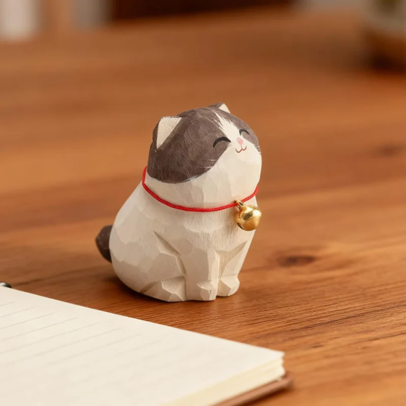 Cute Cat Animals Figurine Decorative Wooden Ornament Kitten Statue Calico Golden gradient cat Home Office Desk Car Decor Gift