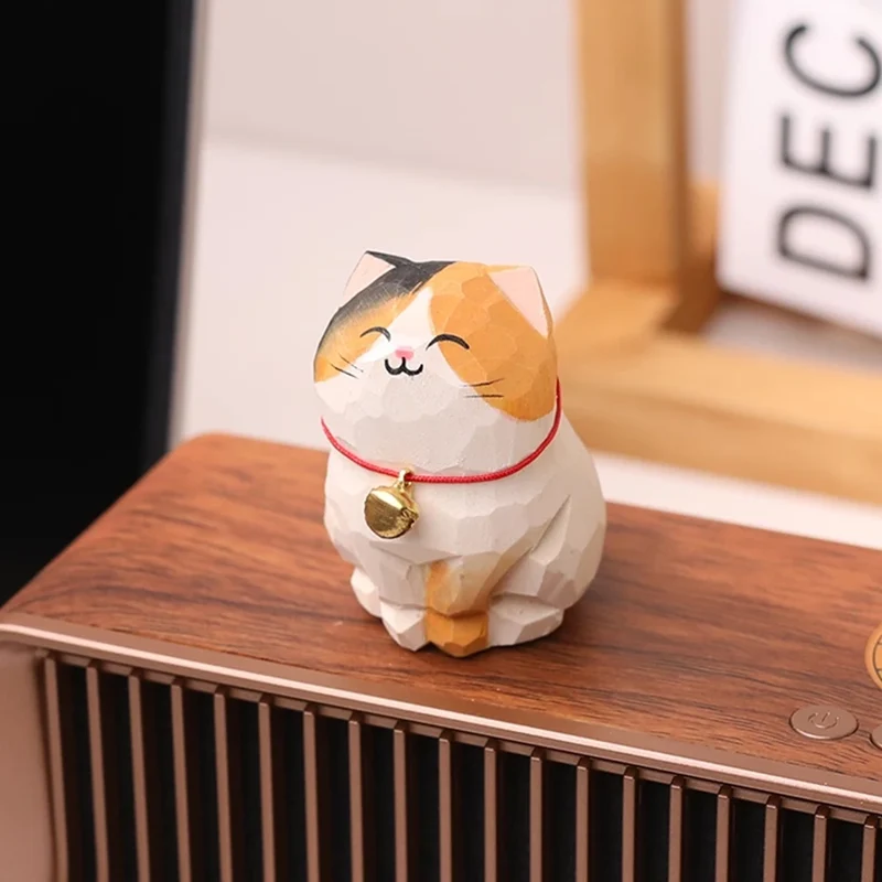 Cute Cat Animals Figurine Decorative Wooden Ornament Kitten Statue Calico Golden gradient cat Home Office Desk Car Decor Gift