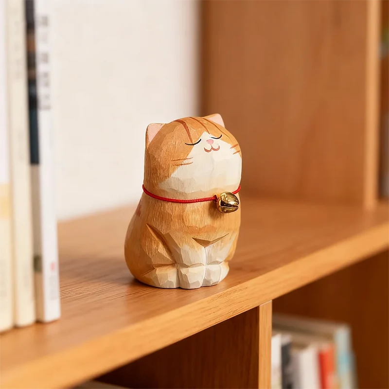 Cute Cat Animals Figurine Decorative Wooden Ornament Kitten Statue Calico Golden gradient cat Home Office Desk Car Decor Gift