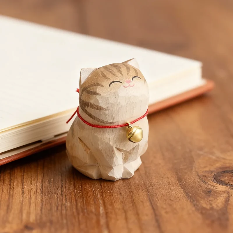 Cute Cat Animals Figurine Decorative Wooden Ornament Kitten Statue Calico Golden gradient cat Home Office Desk Car Decor Gift