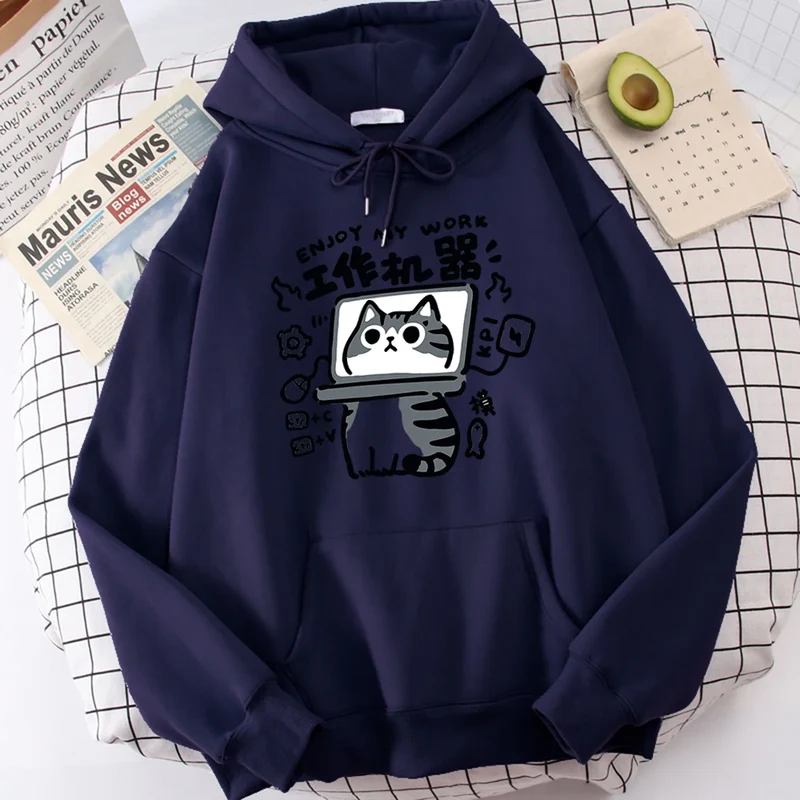 The Cartoon cat is an abstract working machine printed men's hoodie that is comfortable and casual