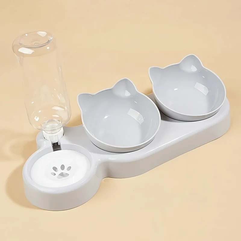 Pet Bowls With Water Feeder, 3 In 1 Ear Design Tilted Cat Water And Food Bowl Set With Gravity Water Bottle For Neck Protection