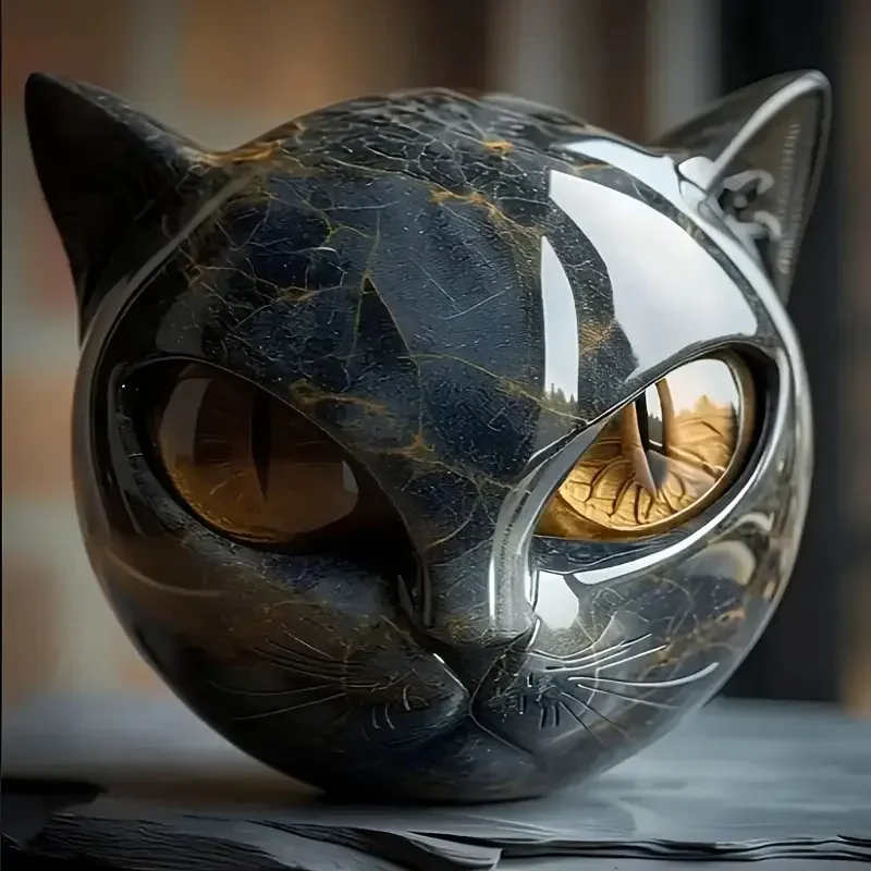 Cat Head Statue - Elegant Marble-like Glossy Resin Sculpture with Golden Eyes & Black Marble Texture,Desktop Decor for Home/Offi