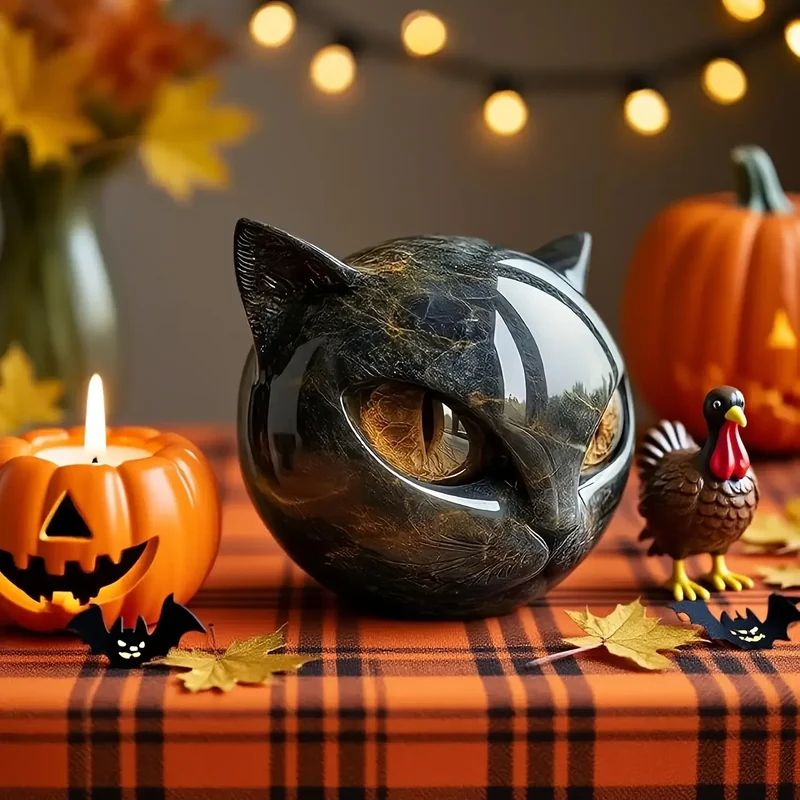 Cat Head Statue - Elegant Marble-like Glossy Resin Sculpture with Golden Eyes & Black Marble Texture,Desktop Decor for Home/Offi