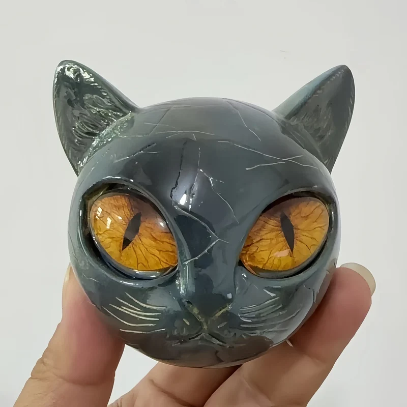 Cat Head Statue - Elegant Marble-like Glossy Resin Sculpture with Golden Eyes & Black Marble Texture,Desktop Decor for Home/Offi