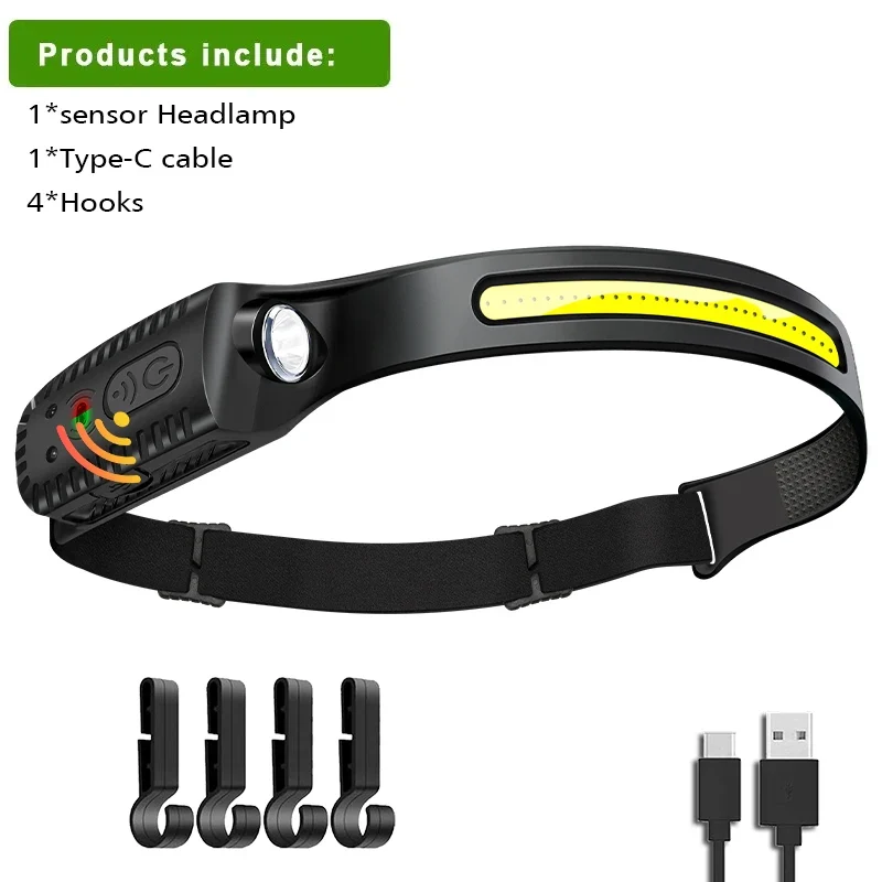 USB Rechargeable Head Torch Induction Headlamp COB LED Sensor Head Lamp Built-in Battery Flashlight 5 Lighting Modes Headlight