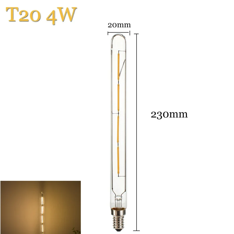3W 4W 6W T20 E14 LED Tube Light Bulb SES Vintage Retro Filament COB 220V 240V Tubular Antique Lamp 2700K Warm White Glass Shell