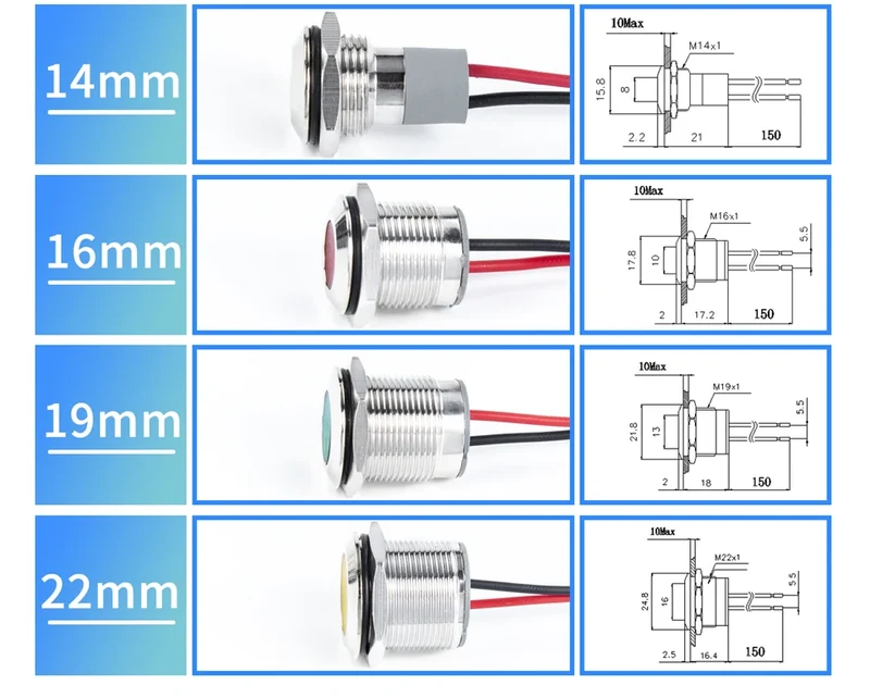 1pcs Alumina LED Warning Indicator Light Signal Lamp Pilot Wire 3-6 12-24 220V 6/8/10/12/16/19/22mm Power Waterproof IP65 Black