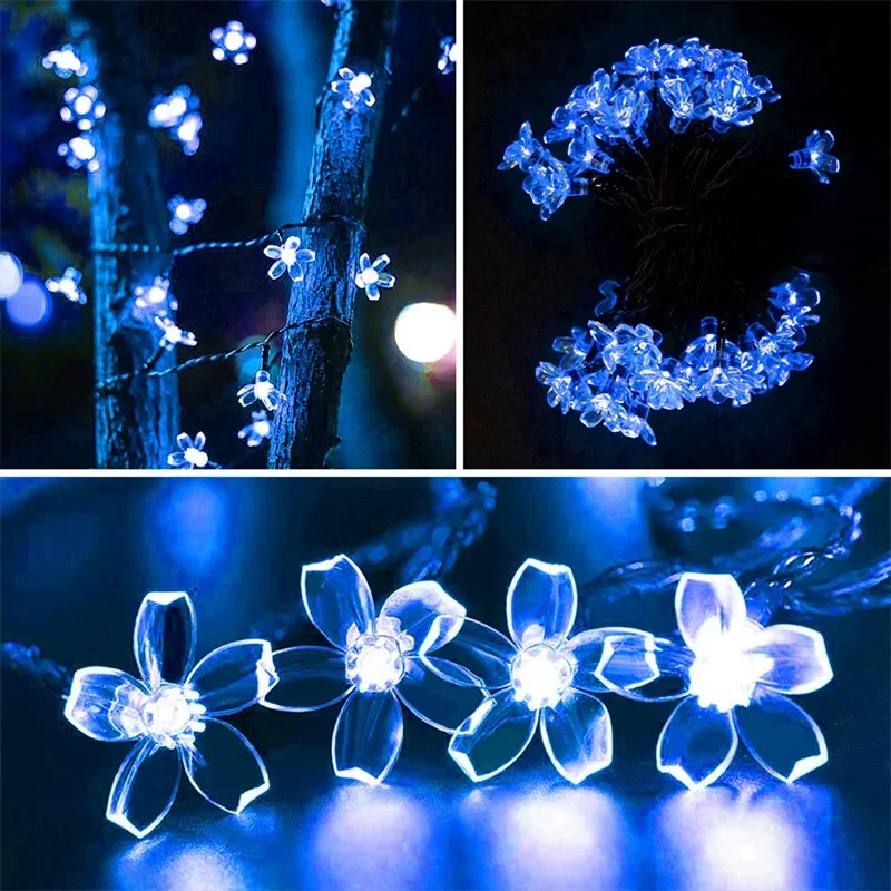Solar Fairy String Light Sakura Garlands 5/7/12/22M Peach Flower CherryLED Lamp For Wedding Party Garden Christmas Outdoor Decor