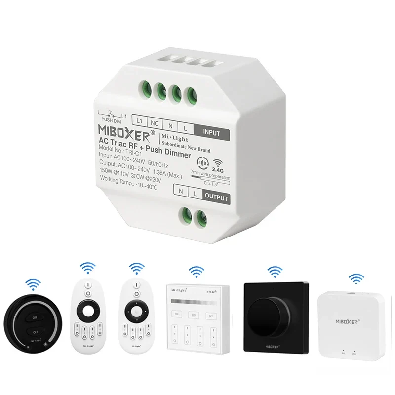 Miboxer TRI-C1 AC Triac Dimmer Single Color Controller 110-220V Push Dim Wall WiFi PWM RF Voice Control For Filament Lamp