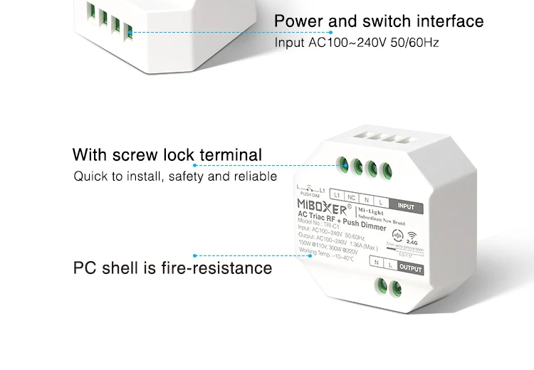Miboxer TRI-C1 AC Triac Dimmer Single Color Controller 110-220V Push Dim Wall WiFi PWM RF Voice Control For Filament Lamp